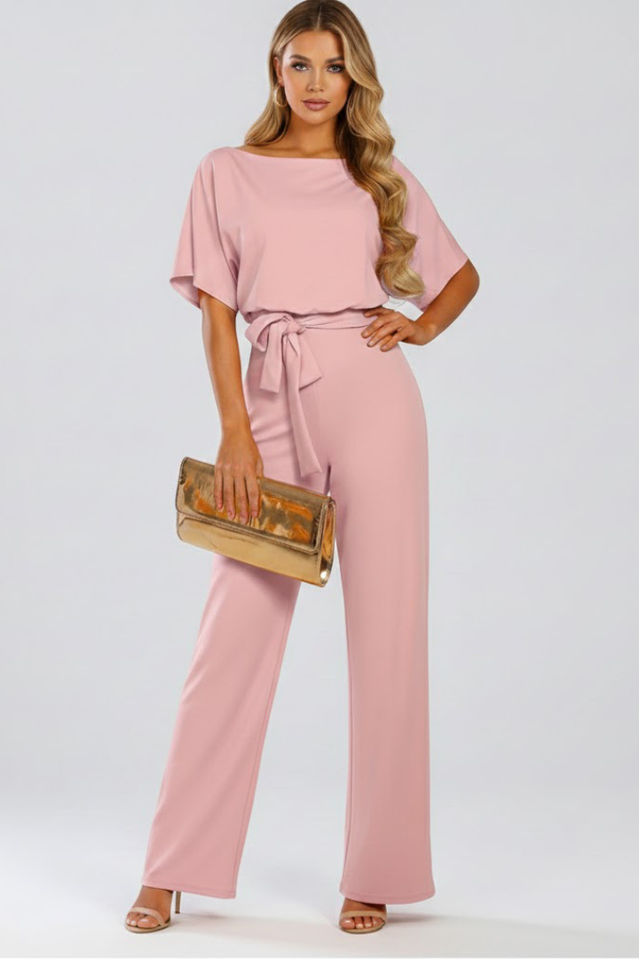 Women's Belted Wide Leg Jumpsuit with Short Sleeves