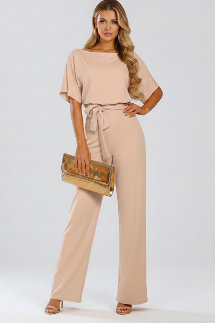 Women's Belted Wide Leg Jumpsuit with Short Sleeves