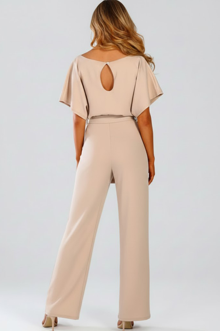 Women's Belted Wide Leg Jumpsuit with Short Sleeves
