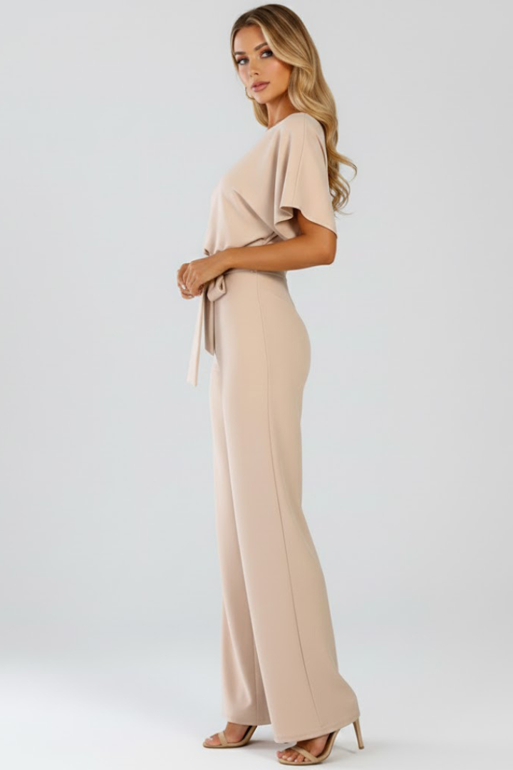 Women's Belted Wide Leg Jumpsuit with Short Sleeves