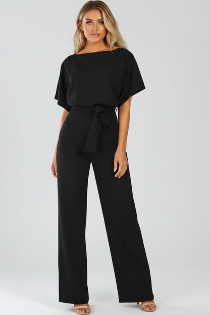 Women's Belted Wide Leg Jumpsuit with Short Sleeves