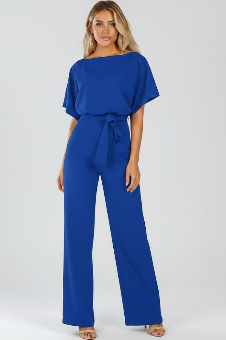Women's Belted Wide Leg Jumpsuit with Short Sleeves