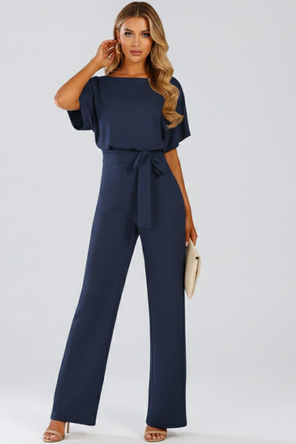 Women's Belted Wide Leg Jumpsuit with Short Sleeves