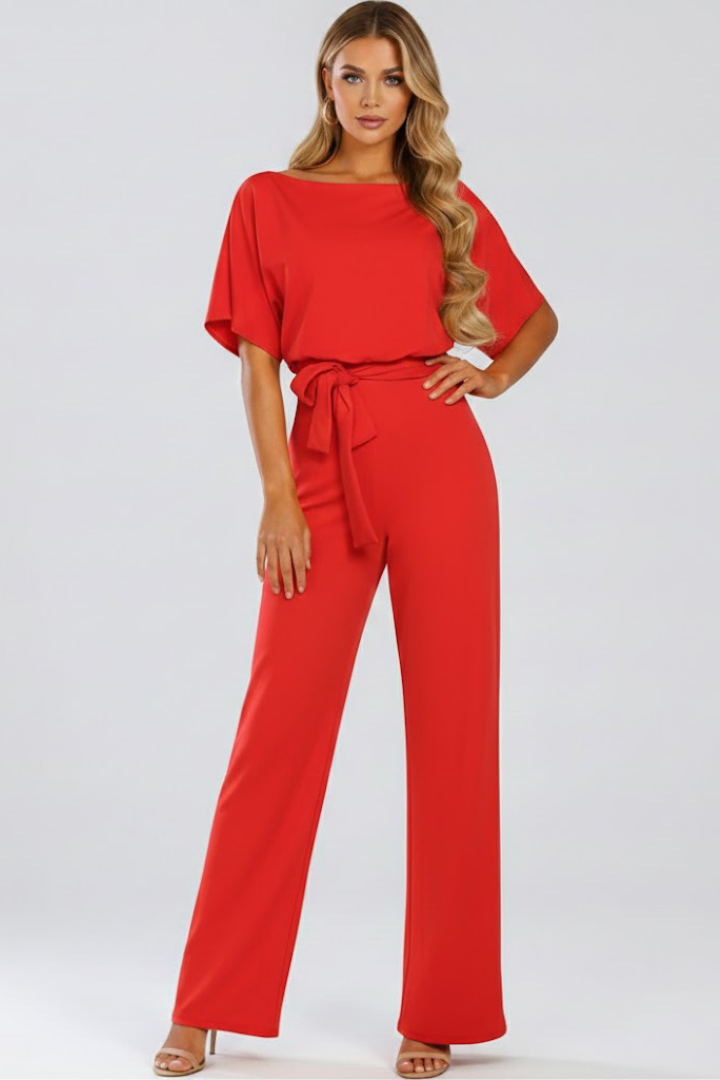Women's Belted Wide Leg Jumpsuit with Short Sleeves