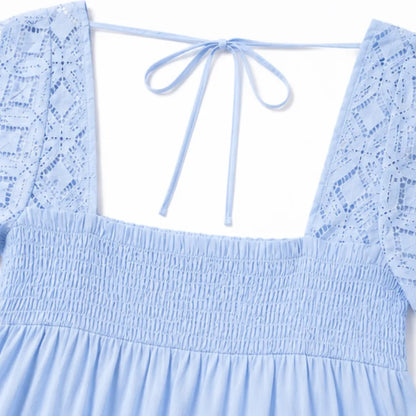 Women's Babydoll Mini Dress – Smocked, Lace Sleeves, Square Neck