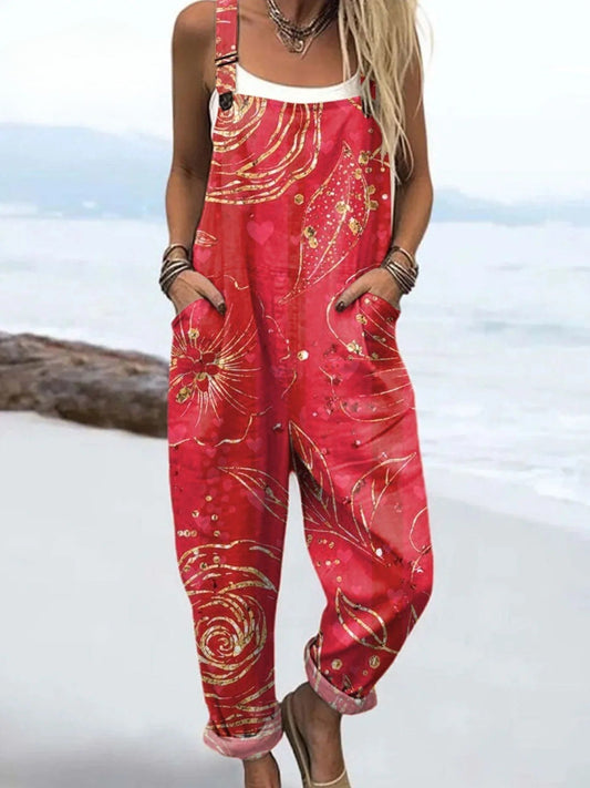 Women's Floral Print Dungarees with Side Pockets