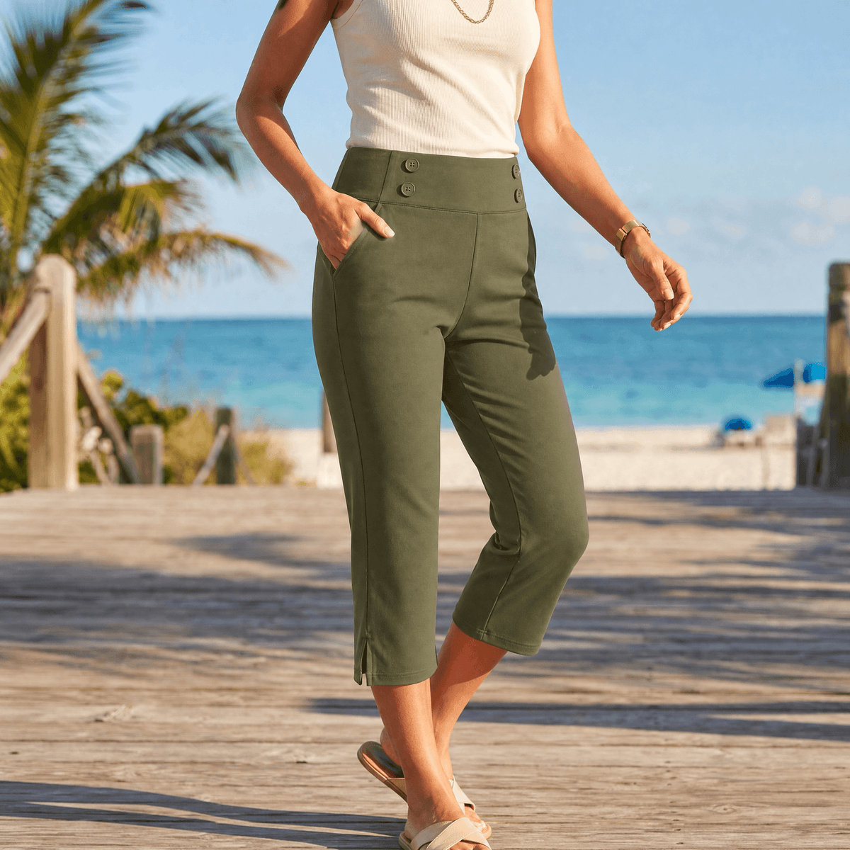 Women's High-Waist Capri Pants with Buttons
