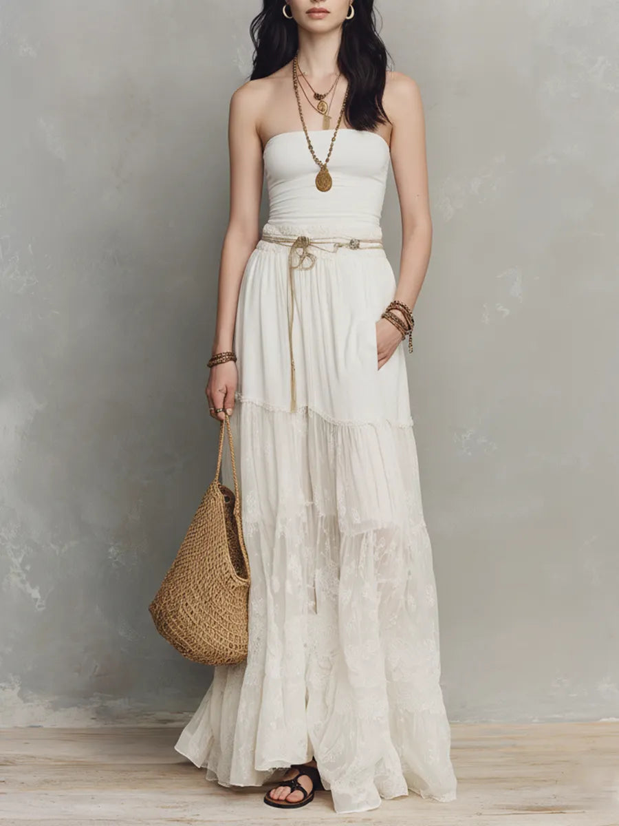 Women's Two-Piece Set – Tiered Lace, Maxi Length, Sheer Lightweight