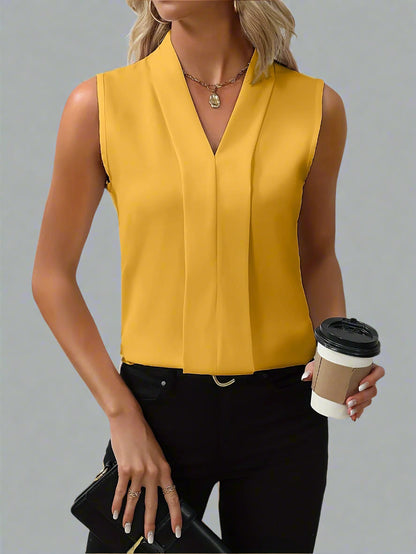 Women's Sleeveless V-Neck Blouse with Front Pleat
