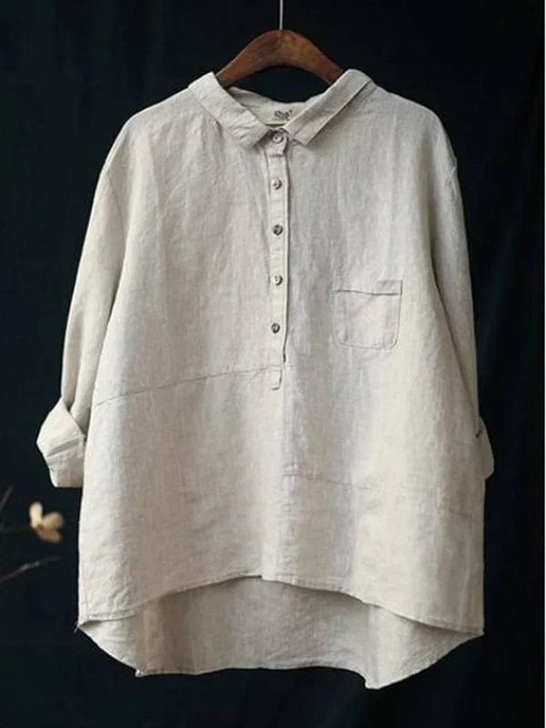 Women's Loose Linen Shirt with Button Collar and Pocket