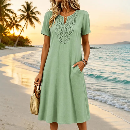 Women's A-Line Midi Dress – Lace Bib, Split Notch Neck, Pockets