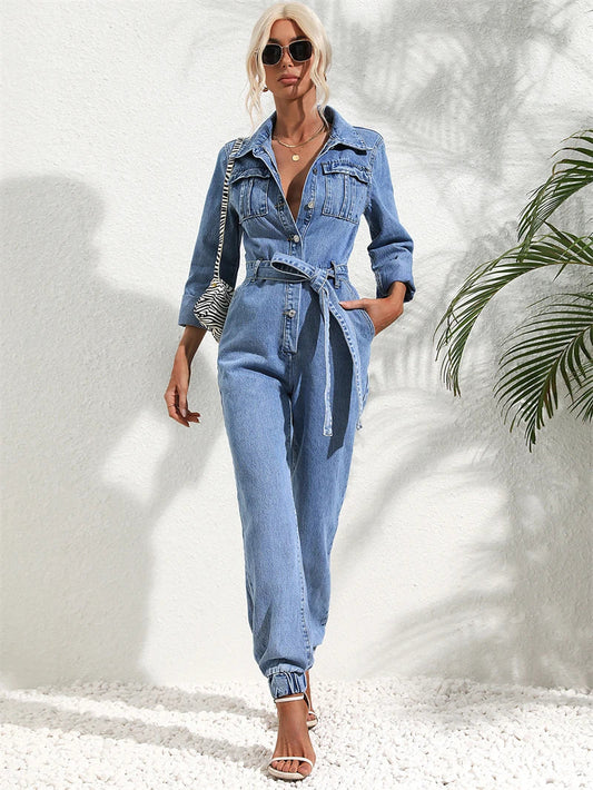 Women's Belted Long Sleeve Denim Jumpsuit