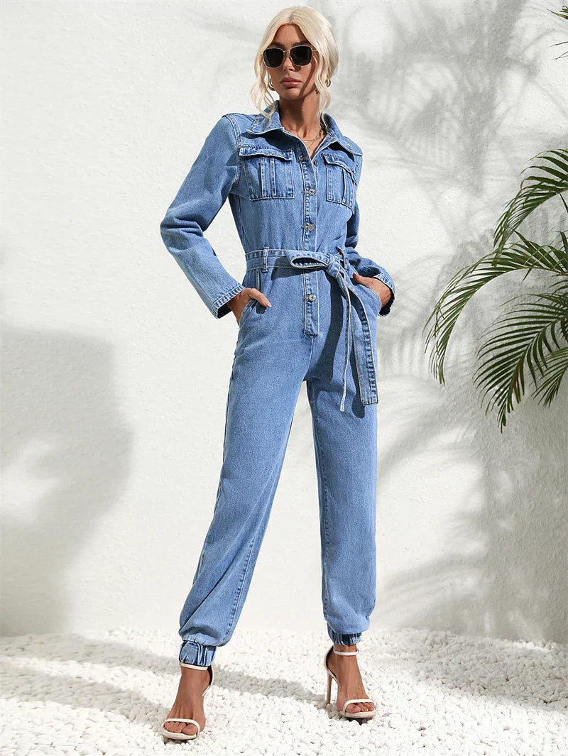 Women's Belted Long Sleeve Denim Jumpsuit
