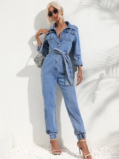 Women's Belted Long Sleeve Denim Jumpsuit