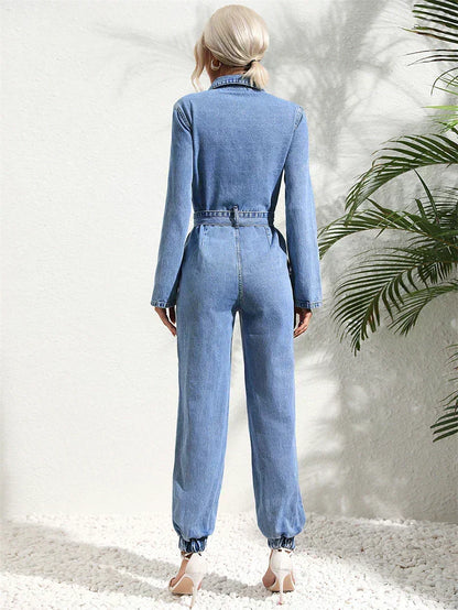 Women's Belted Long Sleeve Denim Jumpsuit