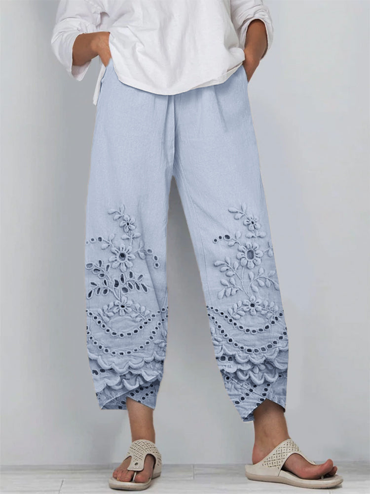 Women's Cropped Pants with Floral Embroidery