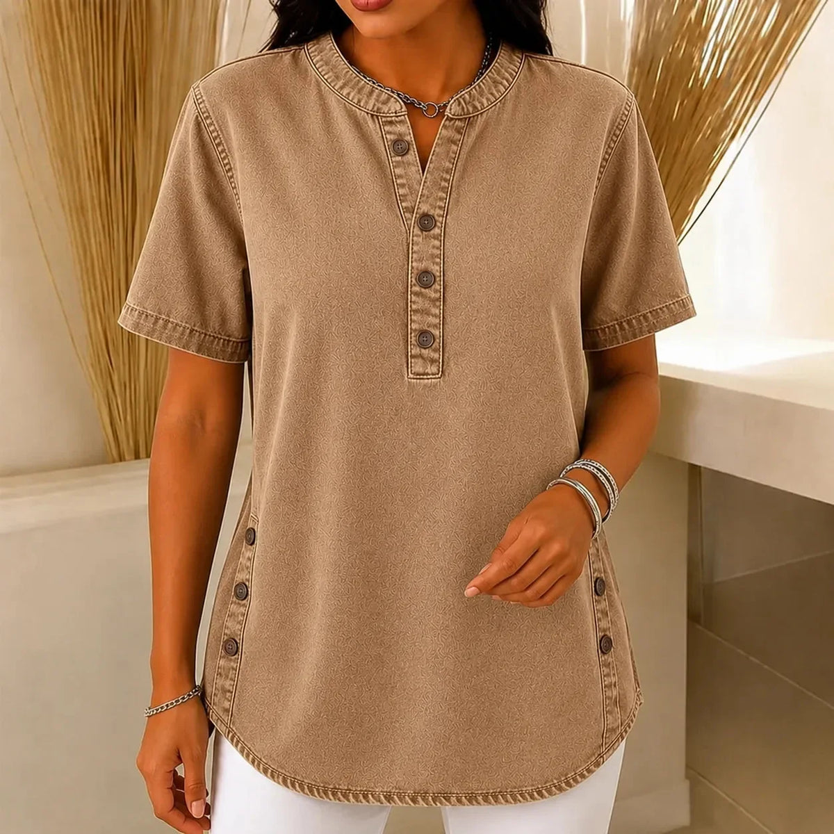 Women's Henley Tunic Top with Side Buttons