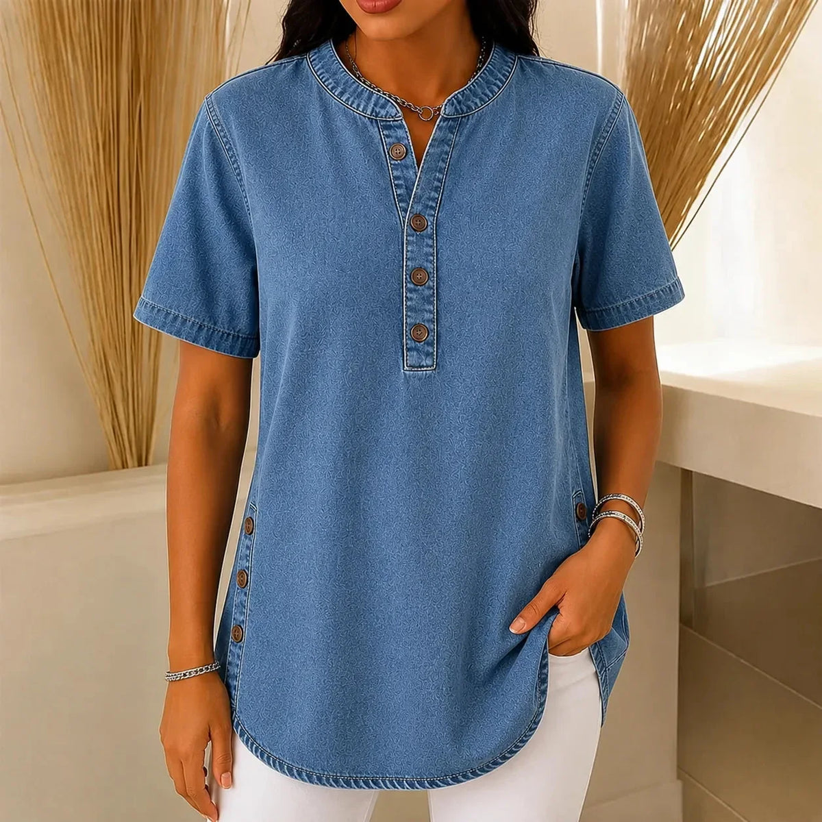 Women's Henley Tunic Top with Side Buttons