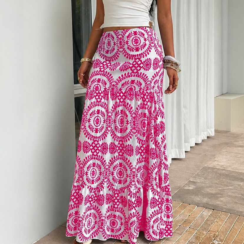 Women's Maxi Skirt – Tiered, Geometric Print, Elastic Waist