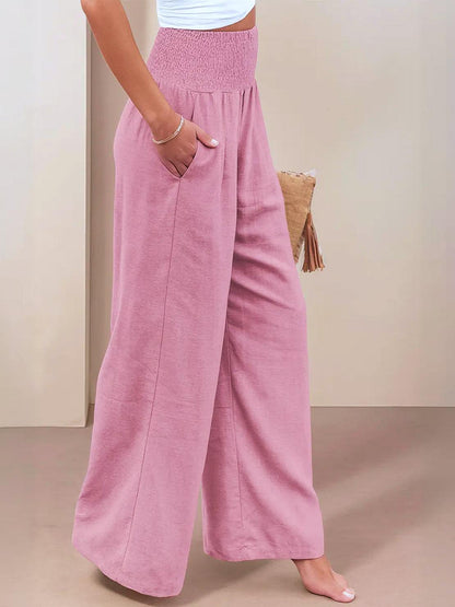 Women's High Waist Wide Leg Pants with Smocked Waistband