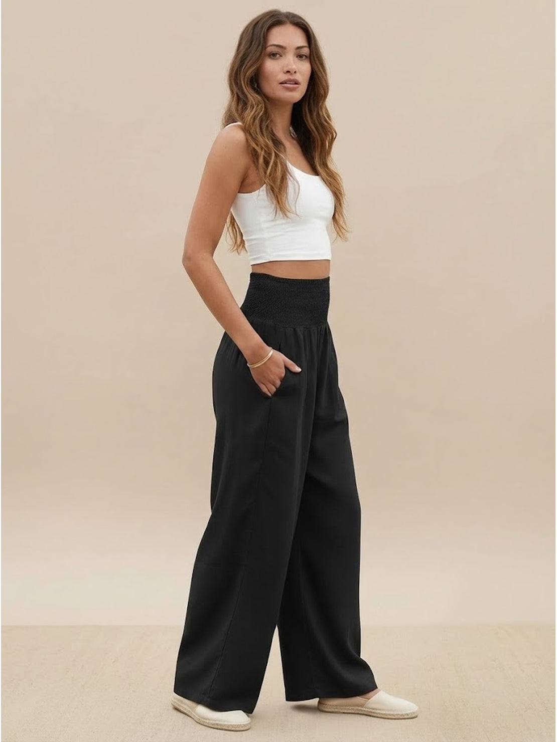 Women's High Waist Wide Leg Pants with Smocked Waistband