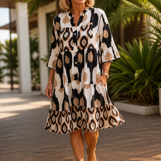 Women's Geometric Print Midi Dress – V-Neck, Ruffle Hem, Tiered