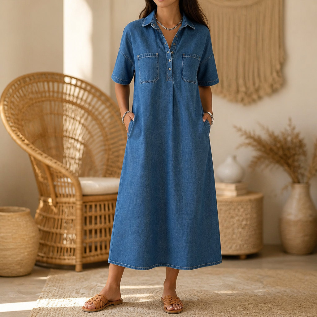Women's Denim Midi Dress – Collared, Short Sleeves, Pockets