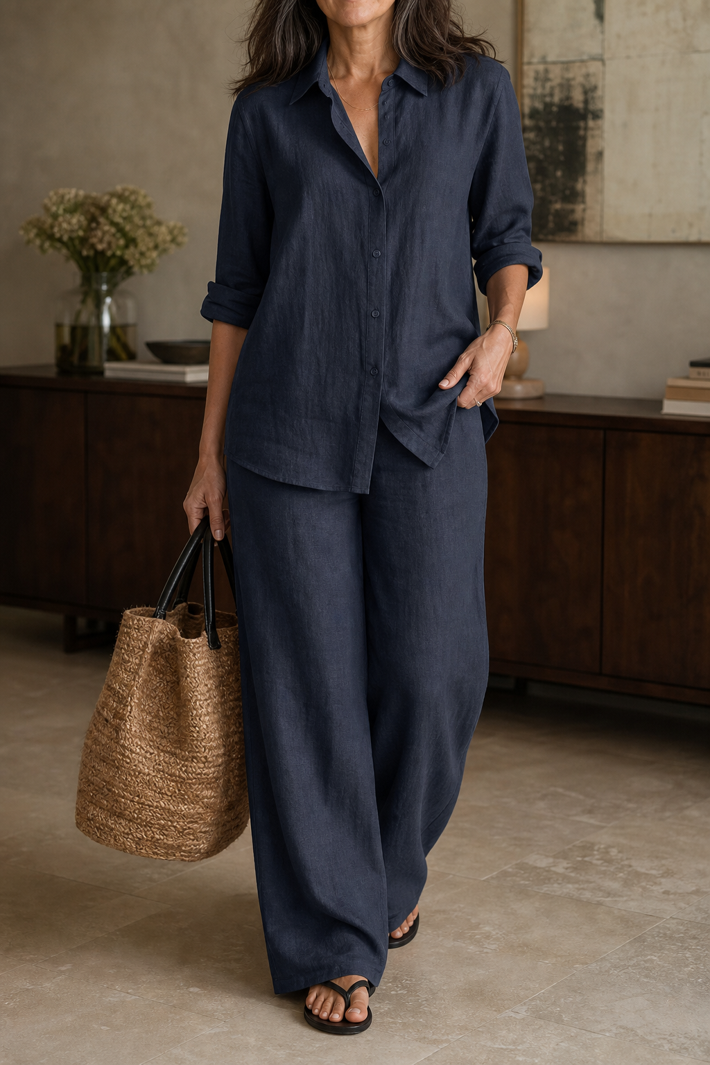 Women's Two-Piece Set – Wide-Leg, Cotton Blend, Breathable