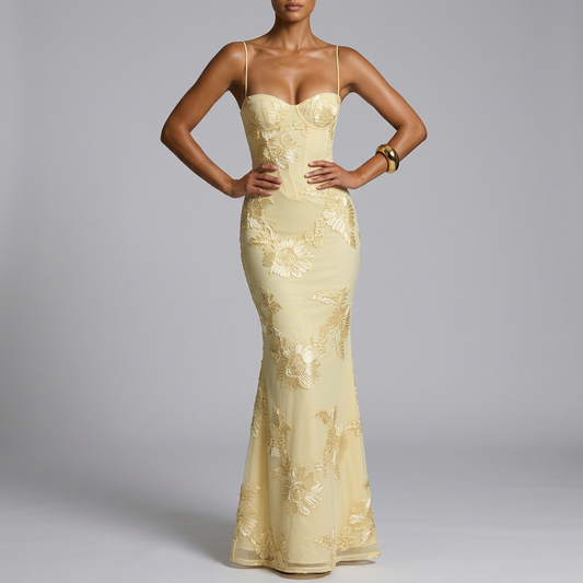 Women's Floral Embroidered Corset Maxi Dress