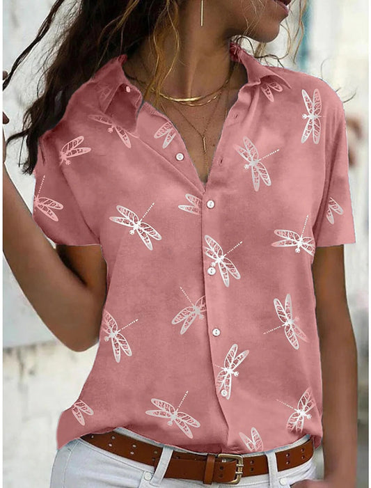 Women's Short Sleeve Shirt with Dragonfly Print