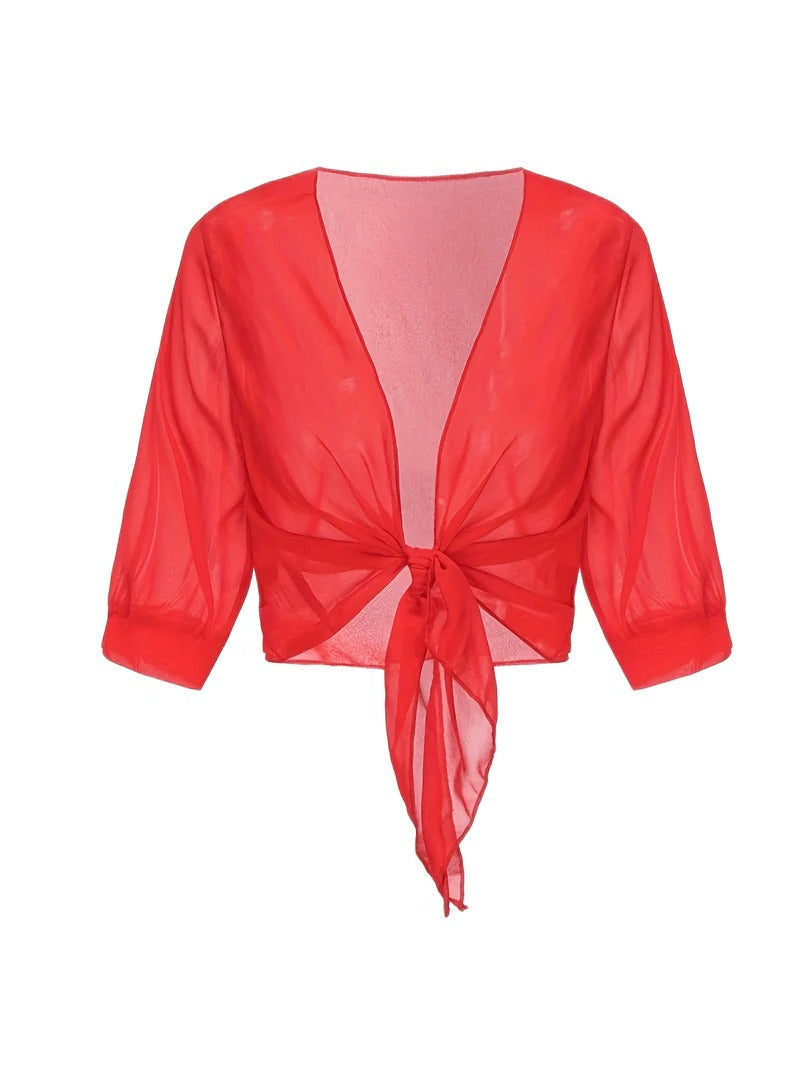 Women's Sheer Chiffon Tie Front Cropped Cardigan