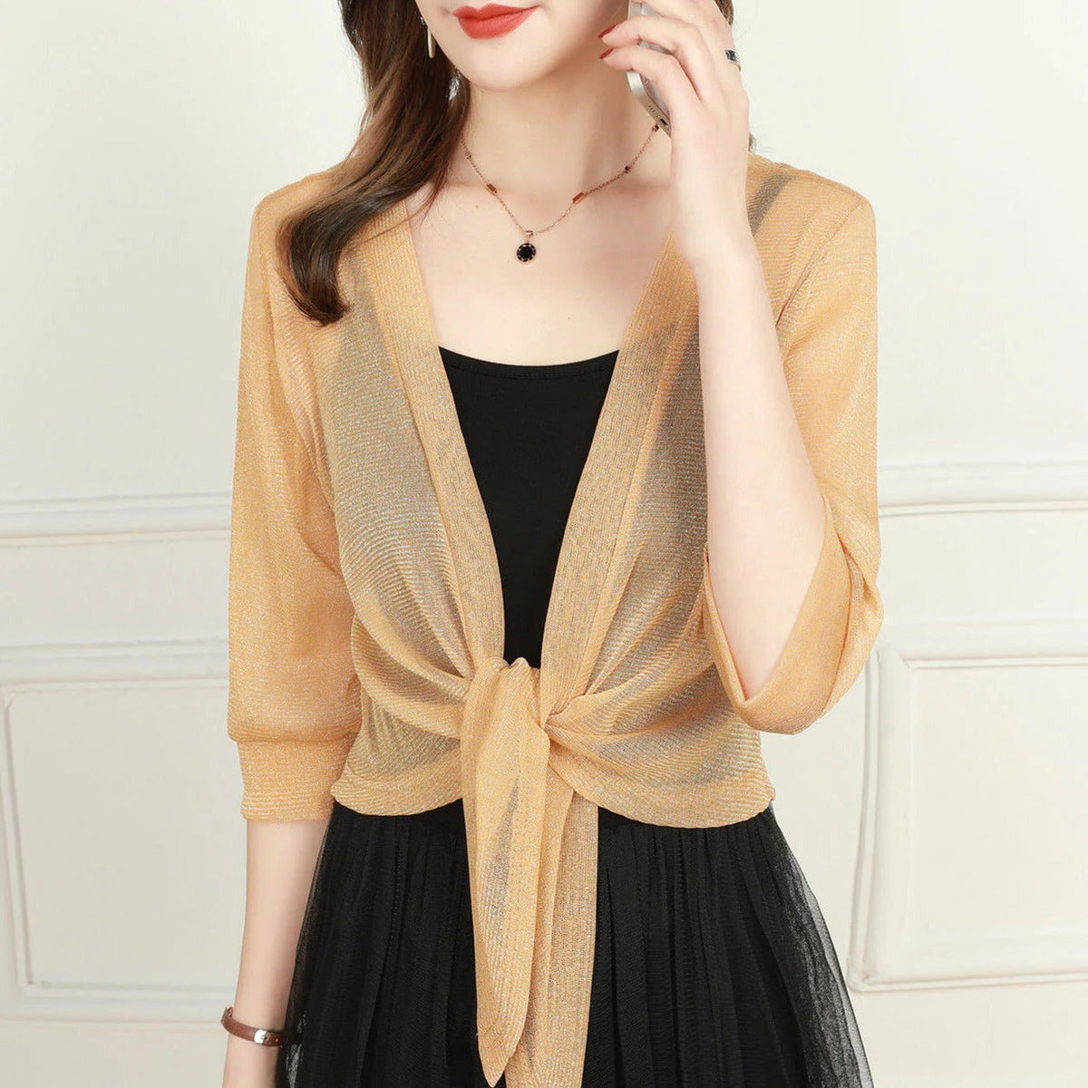Women's Sheer Chiffon Tie Front Cropped Cardigan