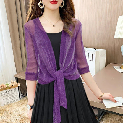 Women's Sheer Chiffon Tie Front Cropped Cardigan