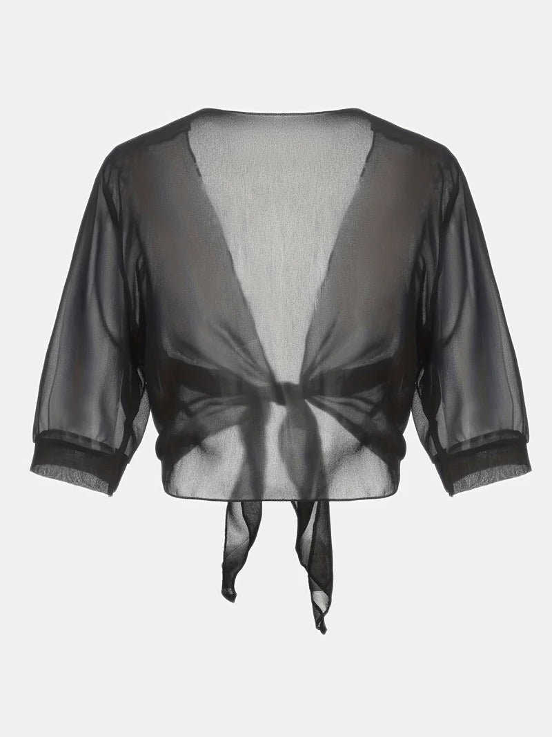 Women's Sheer Chiffon Tie Front Cropped Cardigan