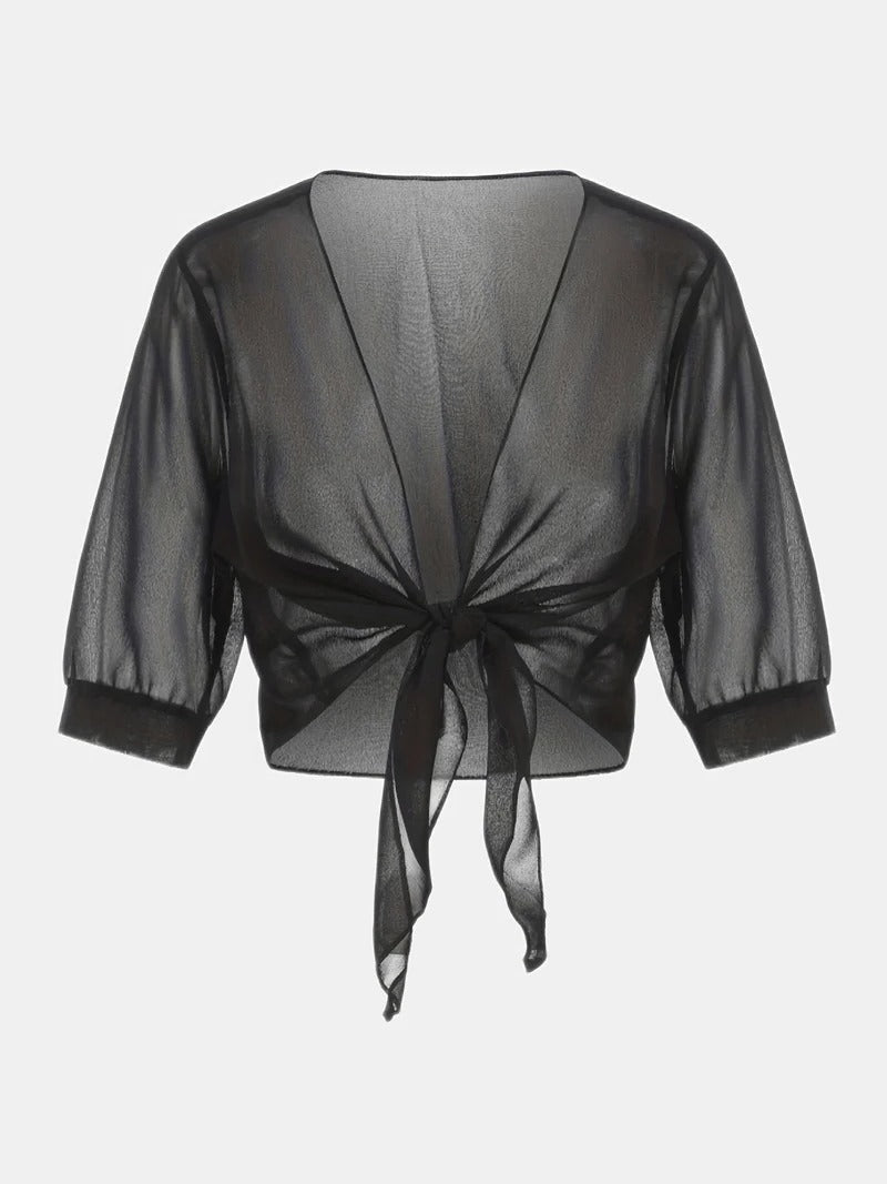 Women's Sheer Chiffon Tie Front Cropped Cardigan