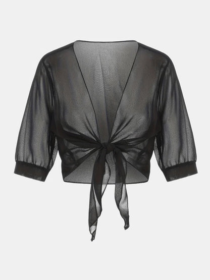 Women's Sheer Chiffon Tie Front Cropped Cardigan