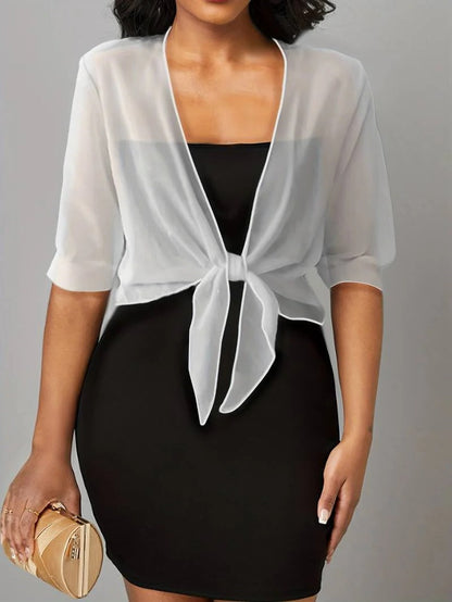 Women's Sheer Chiffon Tie Front Cropped Cardigan