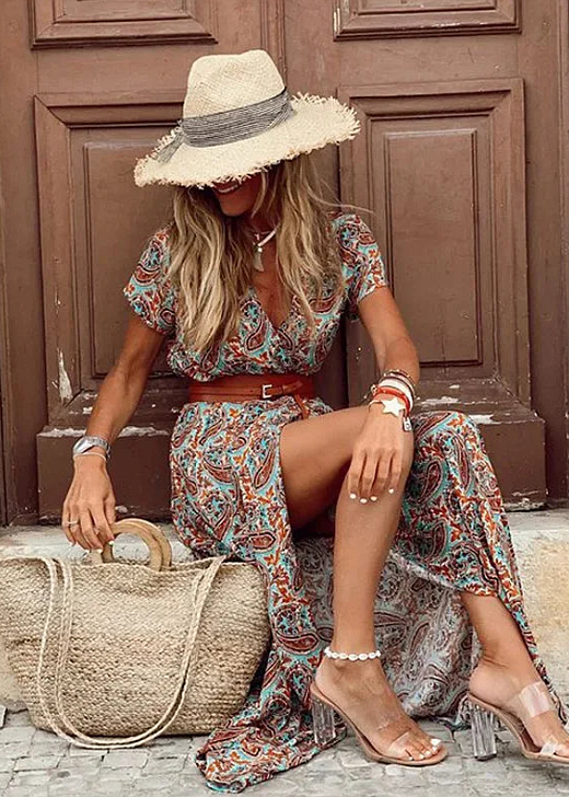 Women's Floral Maxi Dress with V-Neck and Short Sleeves
