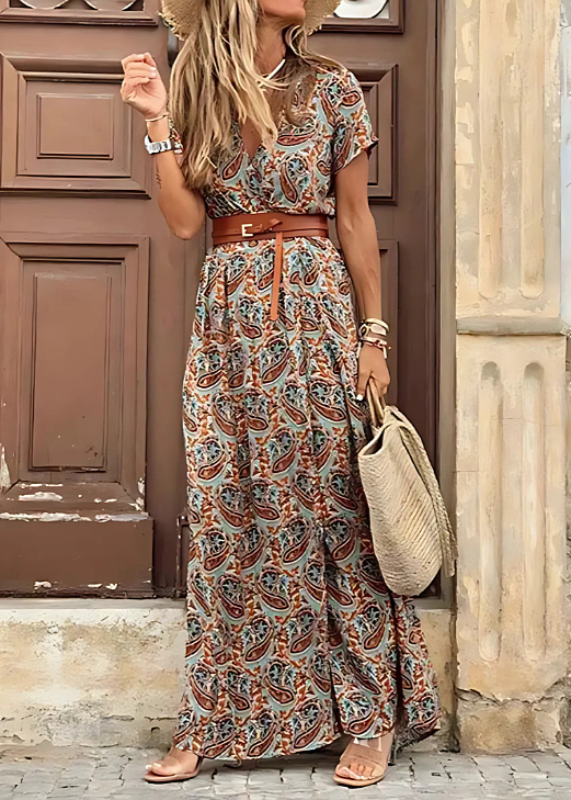 Women's Floral Maxi Dress with V-Neck and Short Sleeves
