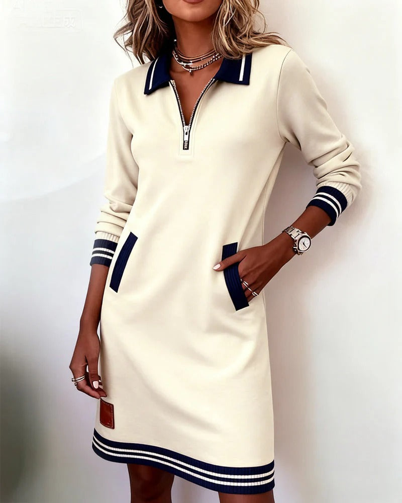 Women's Zip Collar Midi Dress with Striped Trim