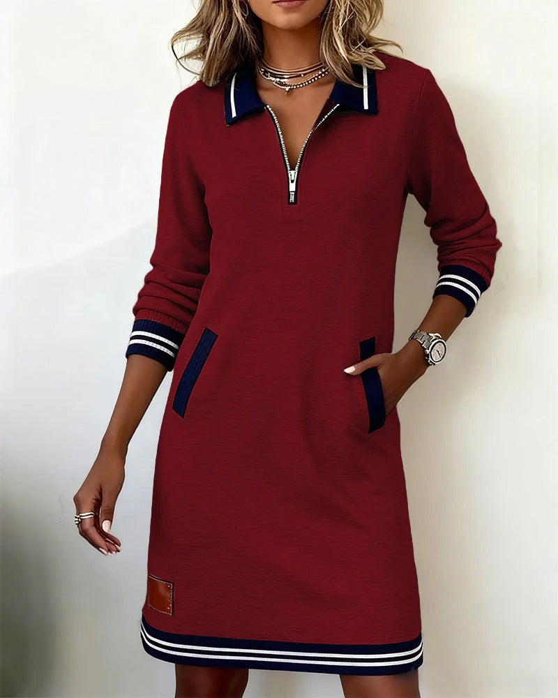 Women's Zip Collar Midi Dress with Striped Trim