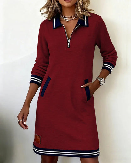 Women's Zip Collar Midi Dress with Striped Trim