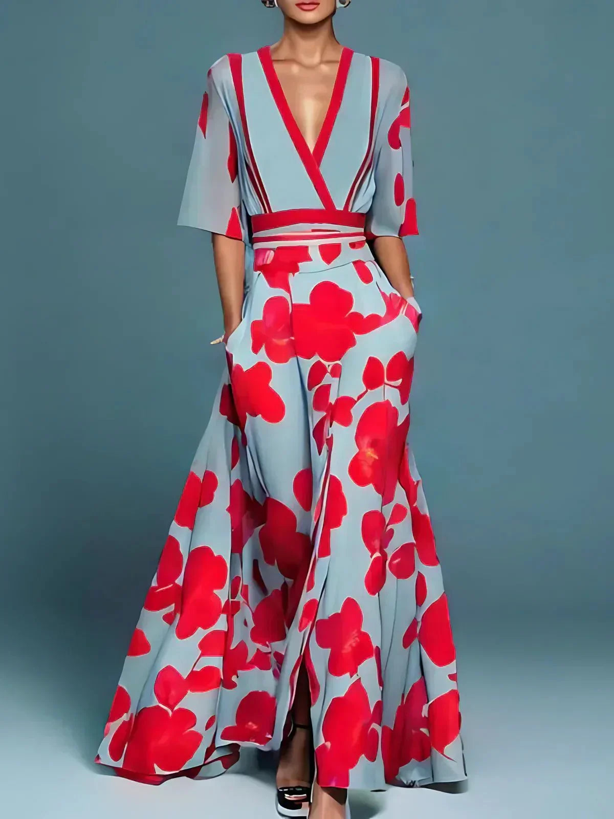 Women's Floral Wrap Maxi Dress with V Neck