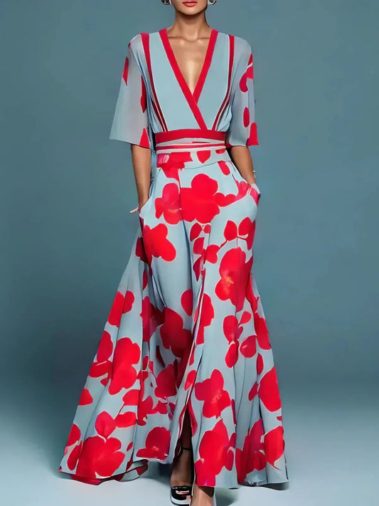 Women's Floral Wrap Maxi Dress with V Neck