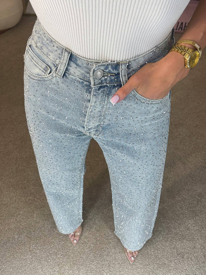Women's Rhinestone Wide Leg Denim Jeans