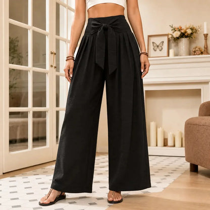 Women's High Waist Wide Leg Pants with Tie Front
