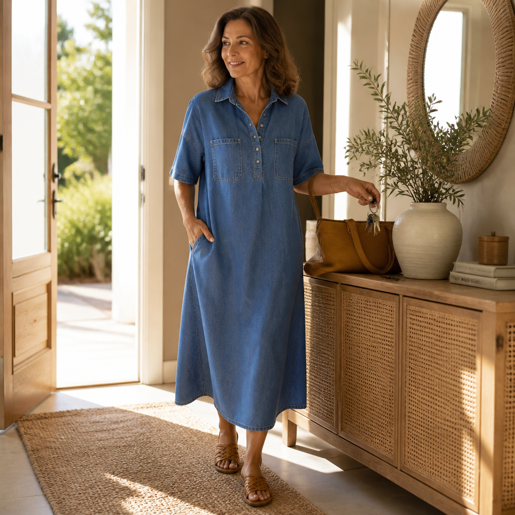 Women's Denim Midi Dress – Collared, Short Sleeves, Pockets