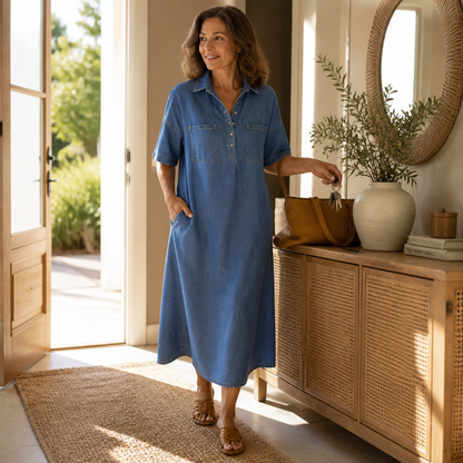 Women's Denim Midi Dress – Collared, Short Sleeves, Pockets