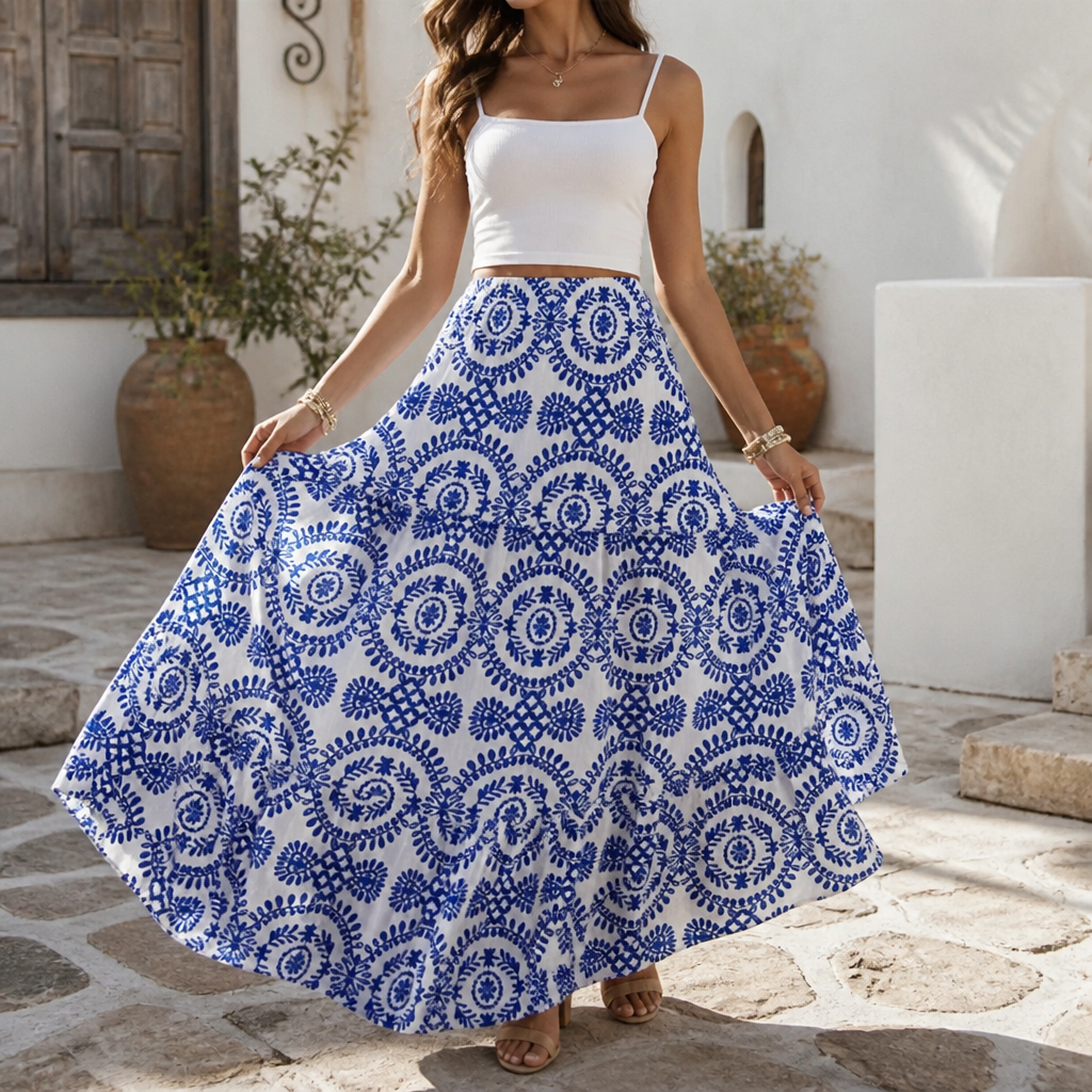 Women's Maxi Skirt – Tiered, Geometric Print, Elastic Waist