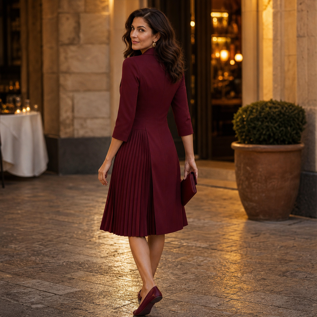 Women's Blazer Midi Dress – Double-Breasted, Pleated, Woven